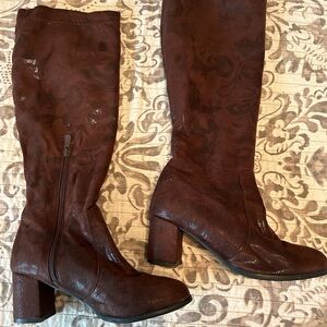 Brown suede dress boots. Stretch for wide calf. Fur lined for warmth